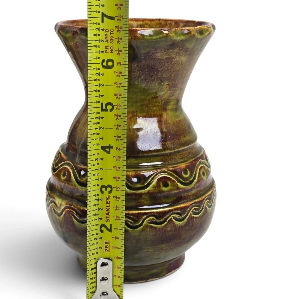 Signed Studio Pottery Vase Olive Green Brown Glaze Incised Design 6.75